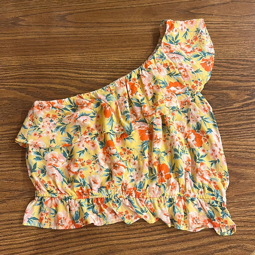 American Eagle Floral Yellow Cropped One Shoulder Top, Size L